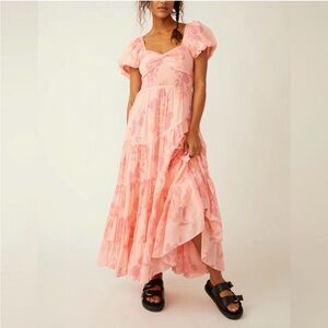 Free People Short Sleeve Sundrenched Maxi Dress In Pinky Combo Size Medium